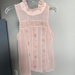~ Ballerina Pink Blush Dusty Rose Sheer  Sleeveless Floral Embroidered Blouse